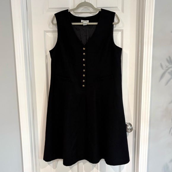 Orvis Black Fit & Flare V-Neck Button Up Sleeveless Wool Dress Jumper Sz 16 VTG - Picture 3 of 14